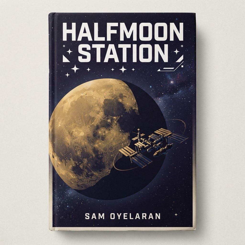 Sample Showcase cover: Halfmoon Station by Sam Oyelaran, illustrative example, not a real book