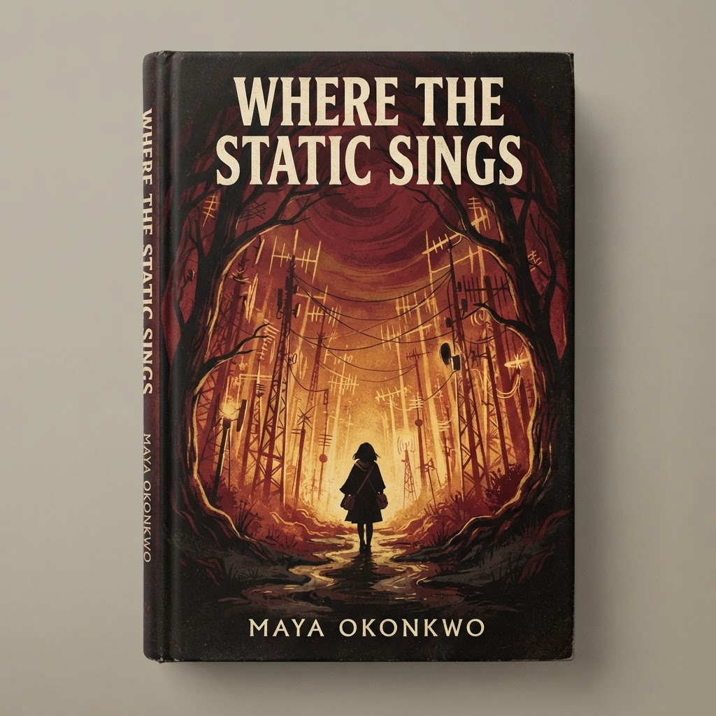 Sample finished Showcase cover: Where the Static Sings by Maya Okonkwo, an illustrative example generated for a finished manuscript